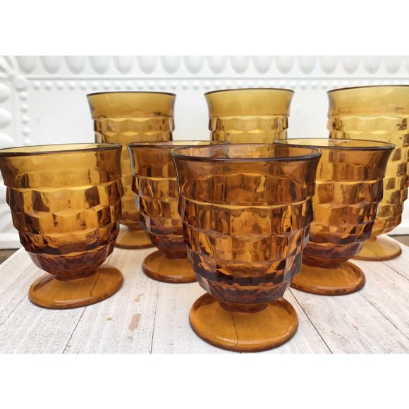 Other - Vtg  MCM Indiana Glass Whitehall Amber Gold Cubist Footed Glasses Barware USA